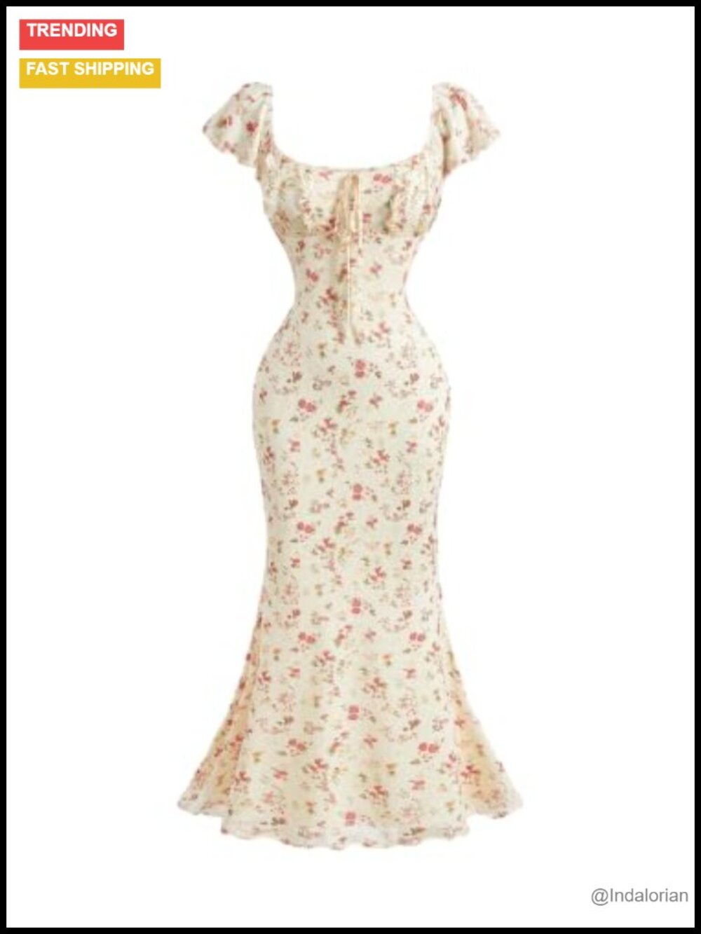Womens Floral Long Dress Square Neck Cap Sleeve Slim Fit Fish Tail